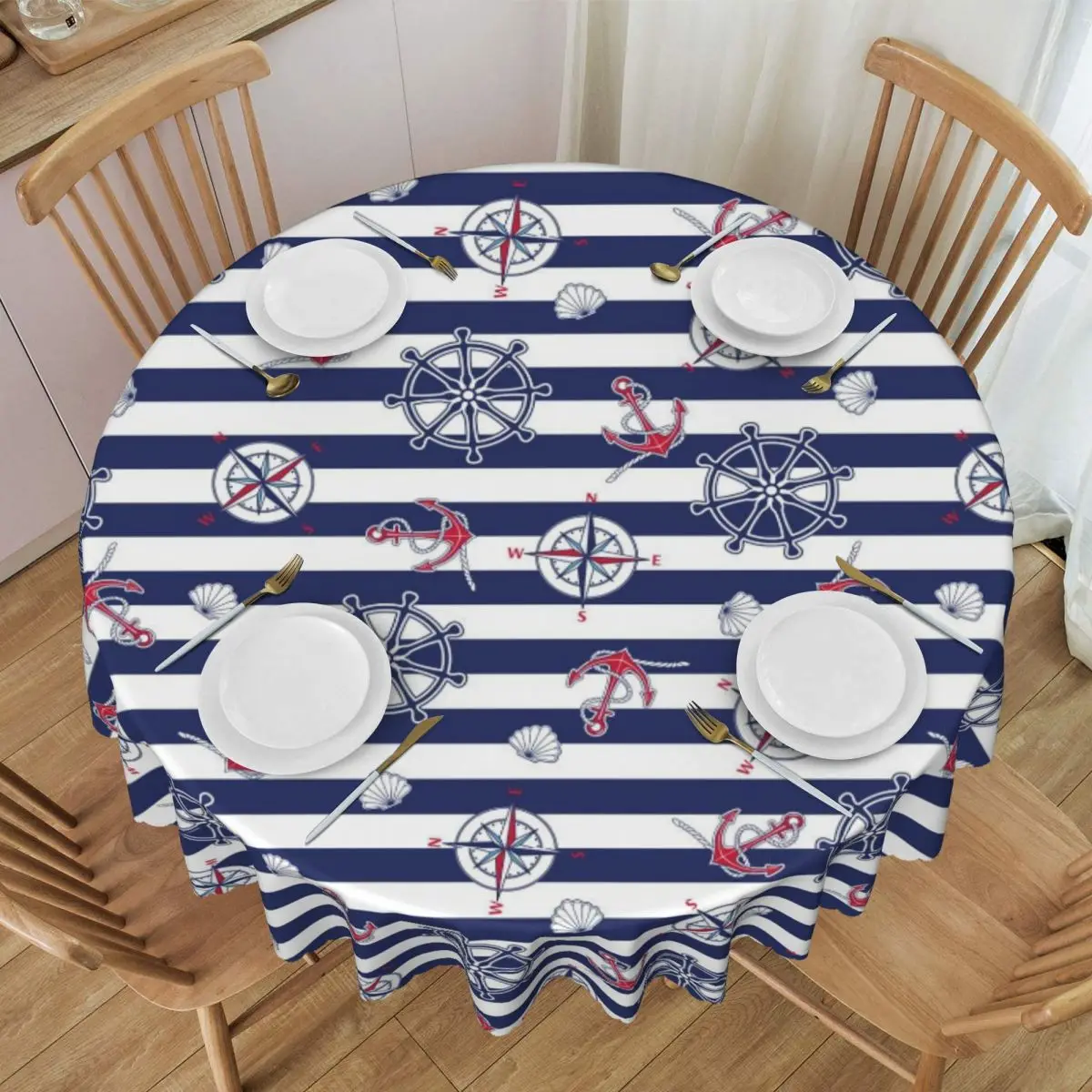 Custom Round Nautical Ocean Ship Sailing Sailor Table Cloth Waterproof Tablecloth 60 inches Table Cover for Kitchen Dinning