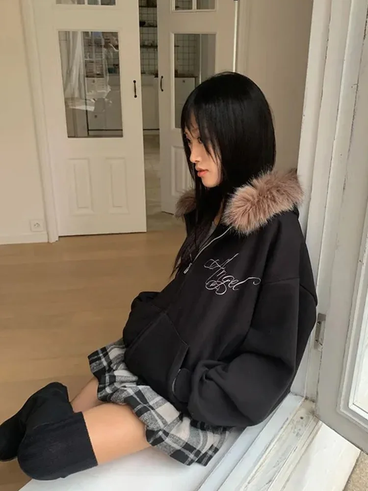 2026 Autumn Winter Y2K Grunge Faux Fur Hood Zip Up Hoodie Letter Embroidery Oversized Long Sleeve Streetwear Sweatshirt view 2