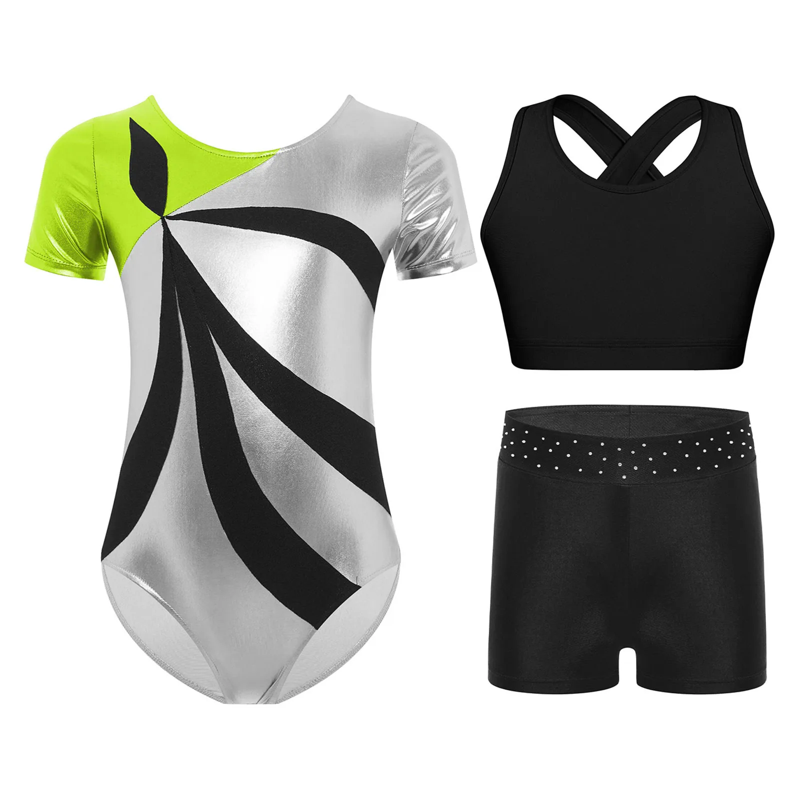 

Kids Girls Gymnastics Leotard 3-Piece Short Sleeve U Back Color Block Metallic Dance Bodysuit +Cross Back Cropped Vest+Shorts