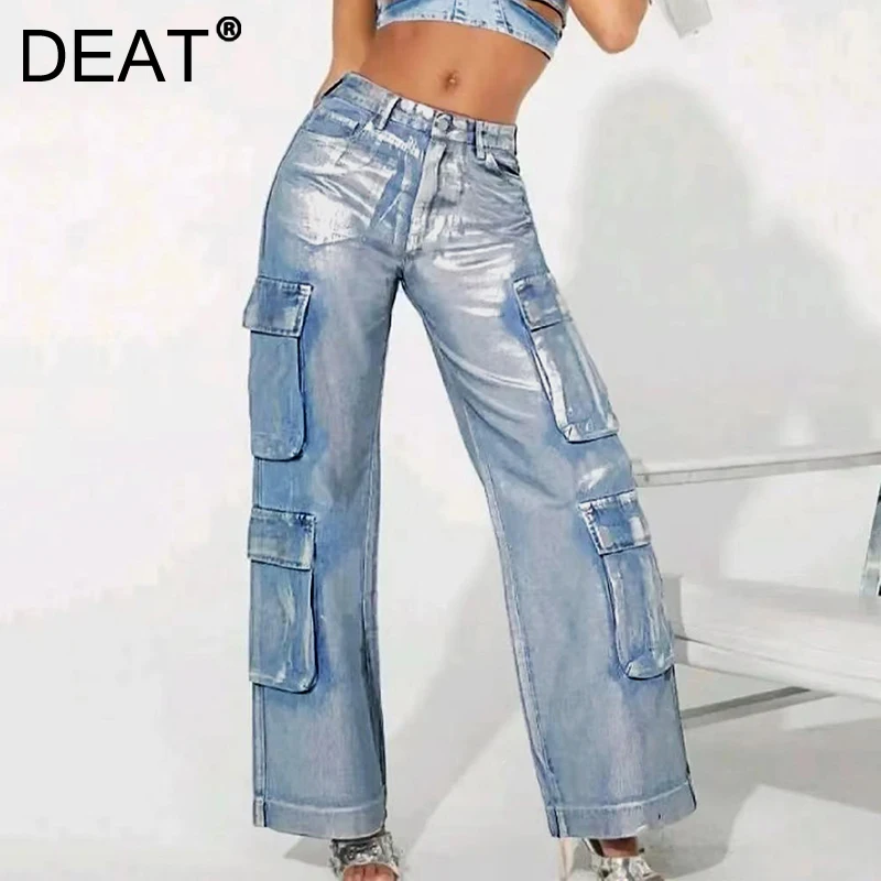 DEAT Women's Fashion Hot Silver Elastic Long Denim Pants 2025 Spring New Items Trendy High Waist Cargo Jeans Female 33A2435