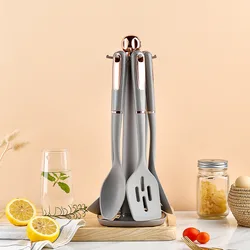 Silicone Kitchen Utensils Seven Piece Set with Rotary Storage Base ABS Handle Cooking Shovel Spoon Kitchen Utensils Set
