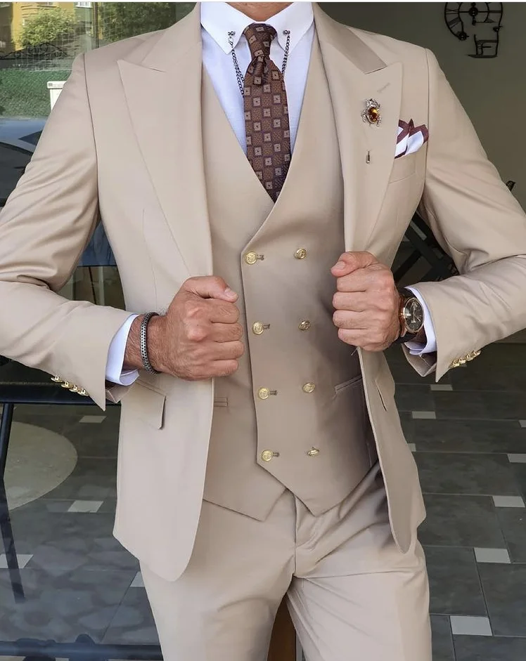 Latest Design Beige Costume Homme Mariage Formal Fashion Slim Fit Suits For Men 3 Piece Groom Wedding Suit Tuxedos