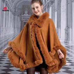 Loose Elegant Faux Rex Rabbit Fur Coat Cape Cloak Fall Winter Women Knit Overcoat Lapel Poncho Mantle Big Size Outwear