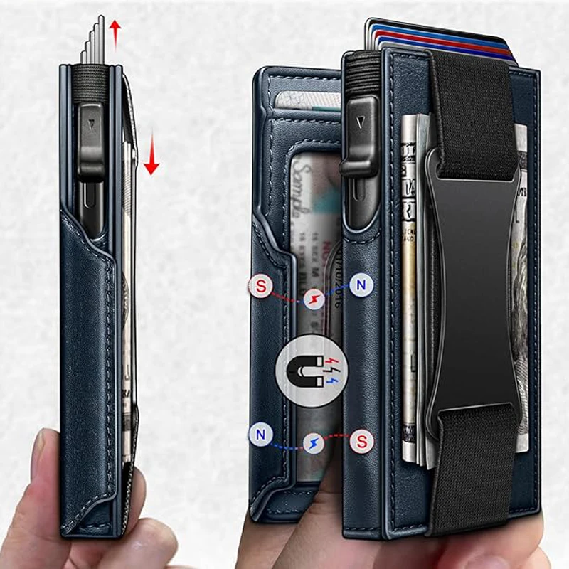 YATBEST Men's Card Bag RFID Anti-Theft Brush Multifunctional Elastic Band Large Capacity Automatic Pop-up Aluminum Box Wallet