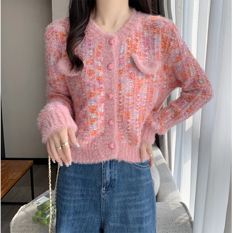 Stylish High-Waisted Knitted Cardigan Sweater Jacket For Women Petite Size Cropped Tops Tweed Style Fashionable Autumn Outerwear