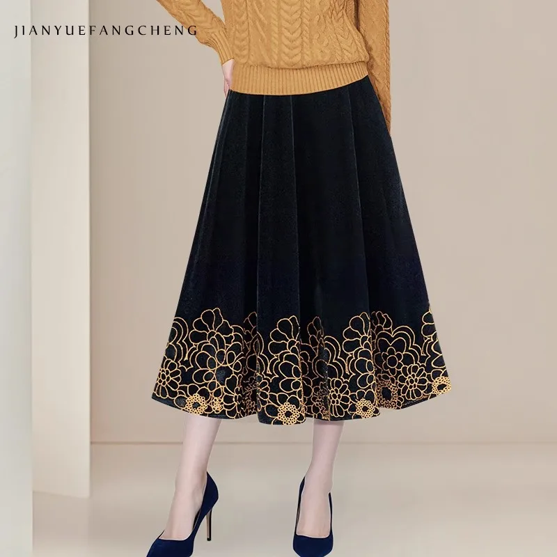 2025 Fall Women' Velour Skirt Mid-length Embroidered Floral High Waisted A-line Pleated Skirt Elegant Retro Swing Style