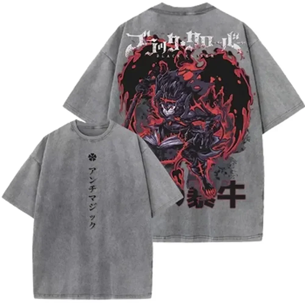 Black Clover Anime T Shirt Asta Printed Gothic Y2k Vintage Washed T-shirt Men's Unisex Clothing Short Sleeve Cotton Tees Tops