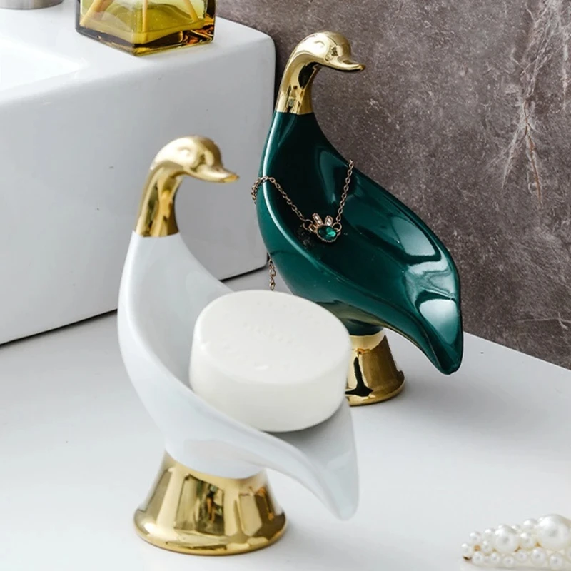 Creative Swan-shaped Ceramic Soap Dish Holder Drain Portable Home Bathroom Hotel Soap Box Tray Bathroom Accessories Crafts