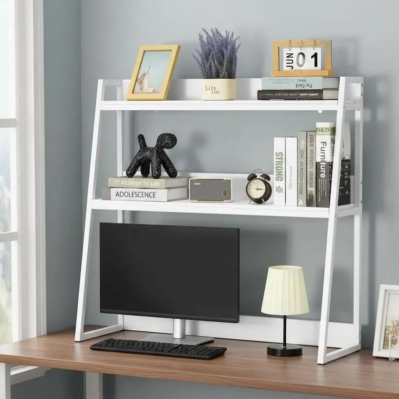 

Tabletop Display Hutch 37.4" x 12.6" x 35.4" For Office Desk Home Study Student Dormitory, Double Layer Vertical Organization Metal Frame Wood Surface Open Cabinet Space Saving Design White Finish