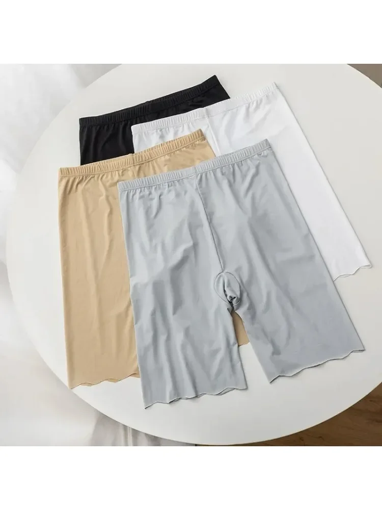 Bezszwowe, cienkie szorty damskie z jedwabiu lodowego, plus size, z wysokim stanem, pod spódnicę, bokserki, majtki, szorty ochronne zapobiegające otarciom ud. — zdjęcie 2