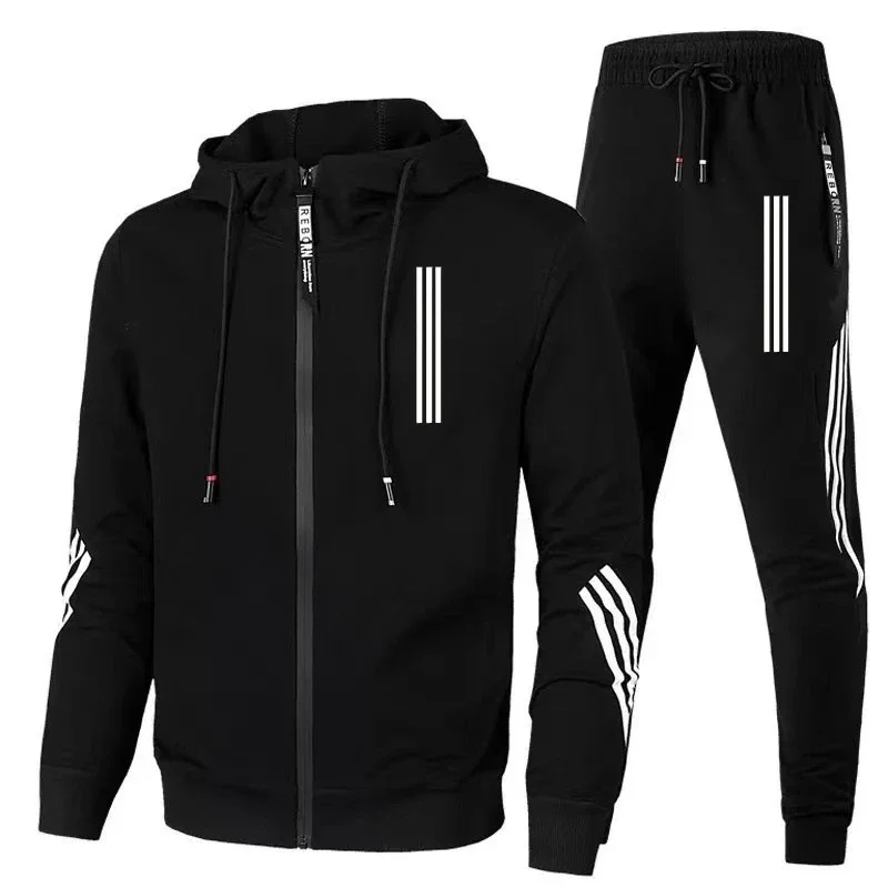 2024 Spring and Autumn Men\'s Hoodie+pants 2-piece set, three-layer diagonal sports jacket, zippered track and field men\'s fitnes