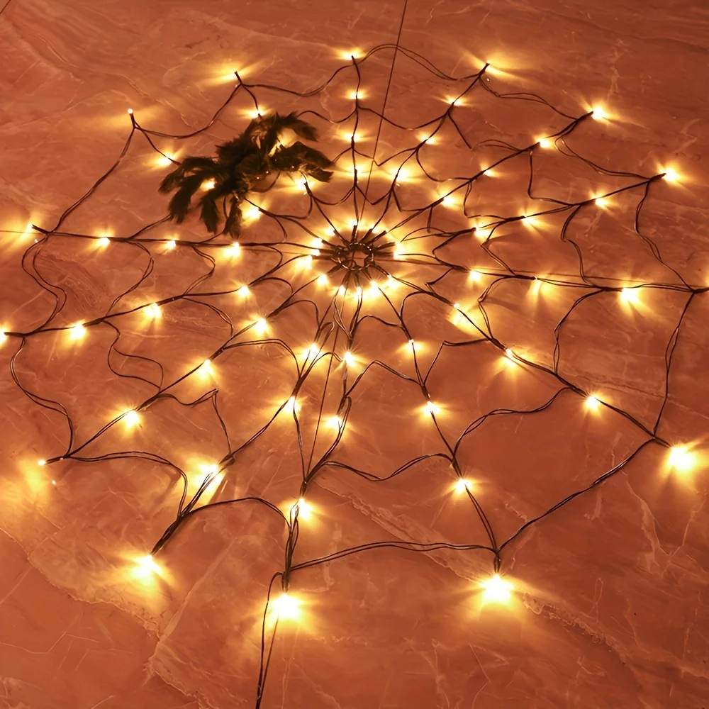 Giant Luminous LED Spider Web String Lights with Plush Spider, Creepy and Spooky Window Haunted Halloween Decorations