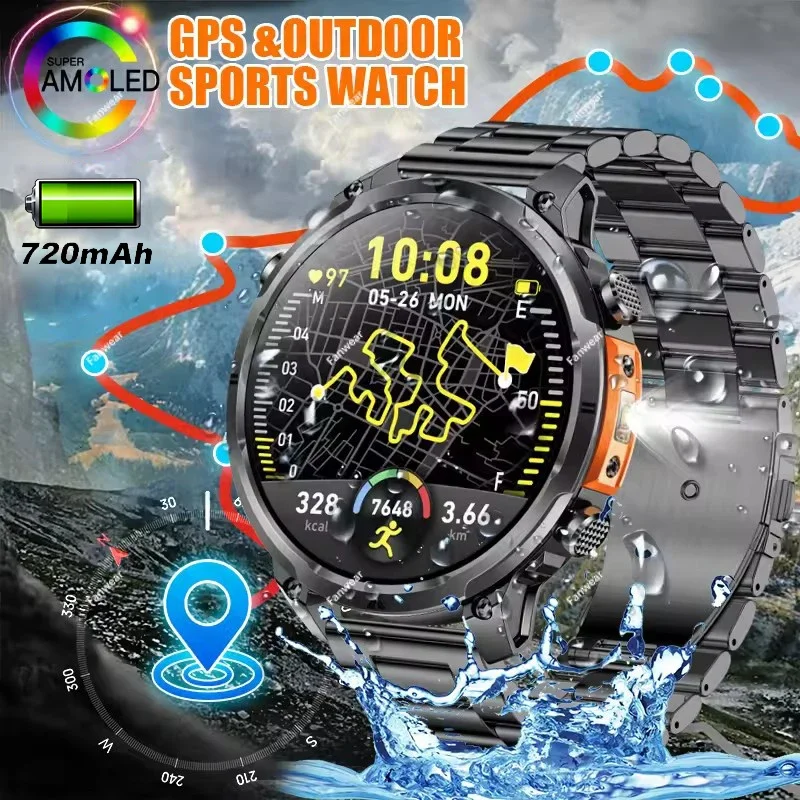 

2026 GPS Smartwatch for Men 1.7 HD Screen Military Smart Watch IP68 Waterproof Flashlight 100 Sport Modes 720mAh Large Battery