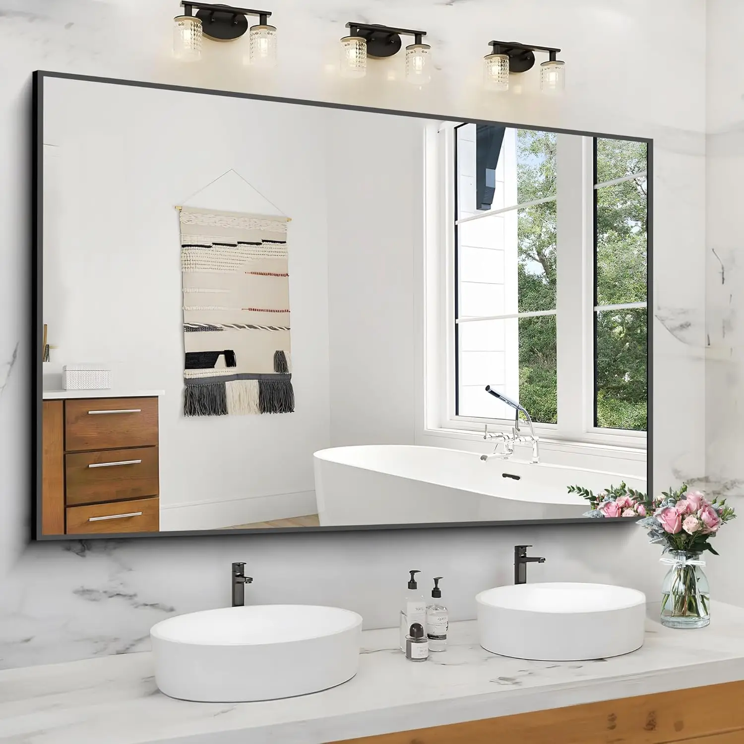 36x55inch Bathroom Mirror, Black Rectangle Mirror with Thin Metal Frame, Large Rectangular Wall Mirror for Bathroom, Living Room