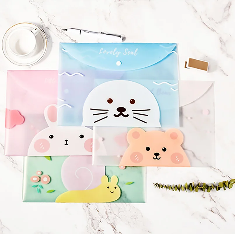 4pcs File Bags Transparent Cute Cartoon File Holder Snap Button PVC Document Pocket Office Information Bag Student Stationery