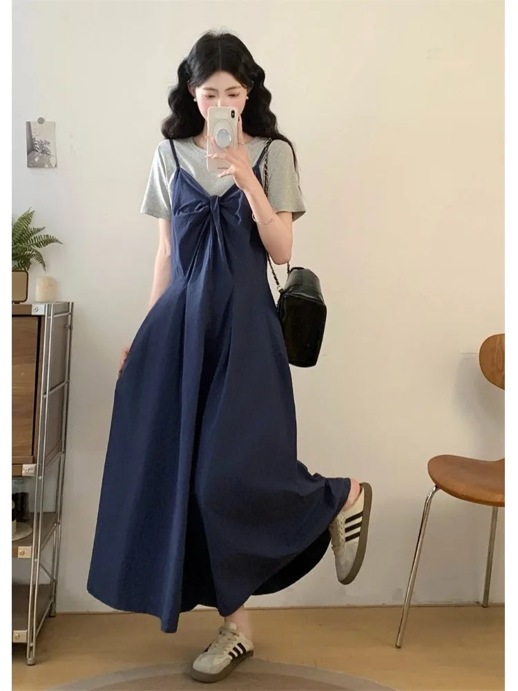 

plus Size Casual Summer Cotton T-Shirt And Tank Top Set Women's Loose round Neck Short Sleeve Mid-Length A-Line Dress