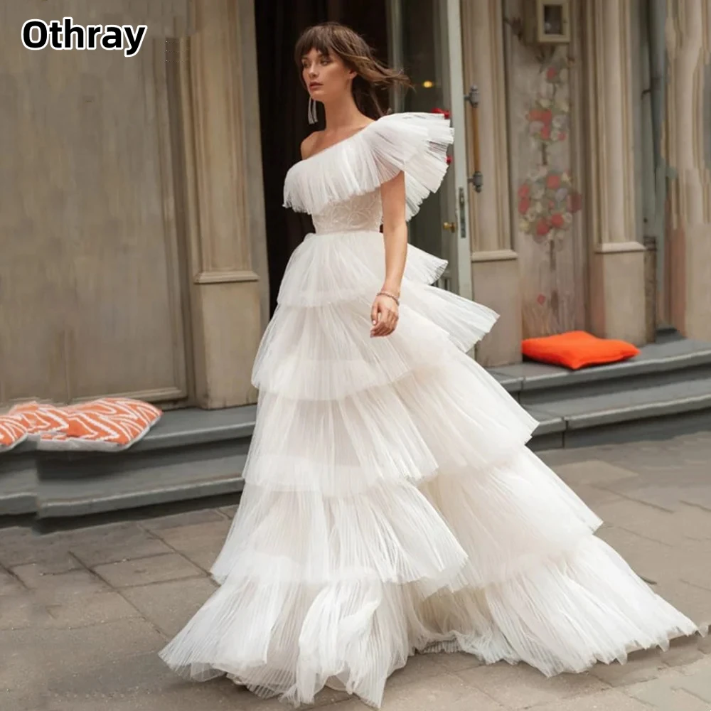 

Othray Ruffled One Shoulder A-line Sweep Prom Dress Luxury Multilayer Tiered Vestidos De Noche فساتين مناسبة رسمية