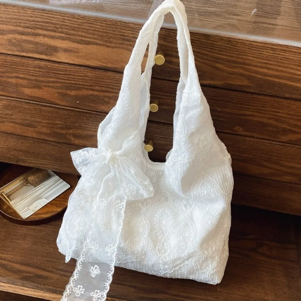 

Shopping Embroidery Lace Shoulder Bag Tote Bag Korean Style Canvas Handbag With Ribbon Cloth Large Capacity Bag Daily
