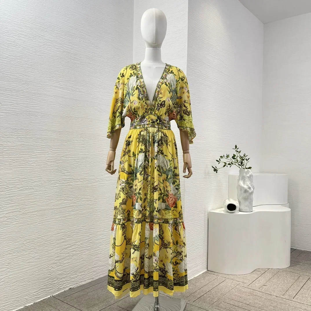 

2024 New Arrival Elegant Women Summer Yellow Midi Dress Silk Floral Butterfly Print Long Sleeve Deep V Neck Diamonds Pressed
