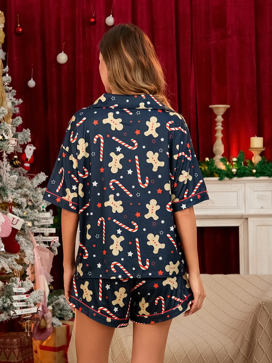 Women Christmas Pajamas Set Gingerbread Man Print Short Sleeve Button Closure Shirt with Shorts Sleepwear Loungewear