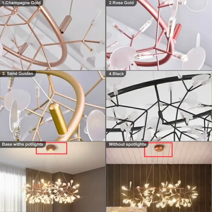 Nordic Hanging Living Room Chandelier Large Modern Kitchen Firefly Lamp Rose Gold Black Branch Round Chandelier Lighting