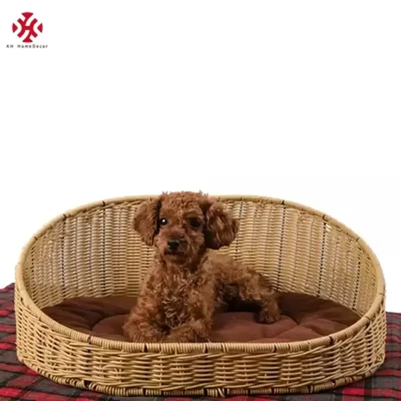 for XH Summer Cool Handwoven Oval Waterproof Cooling PP Plastic Rattan Resin Wicker Cat Dog Bed House Net Pet Basket