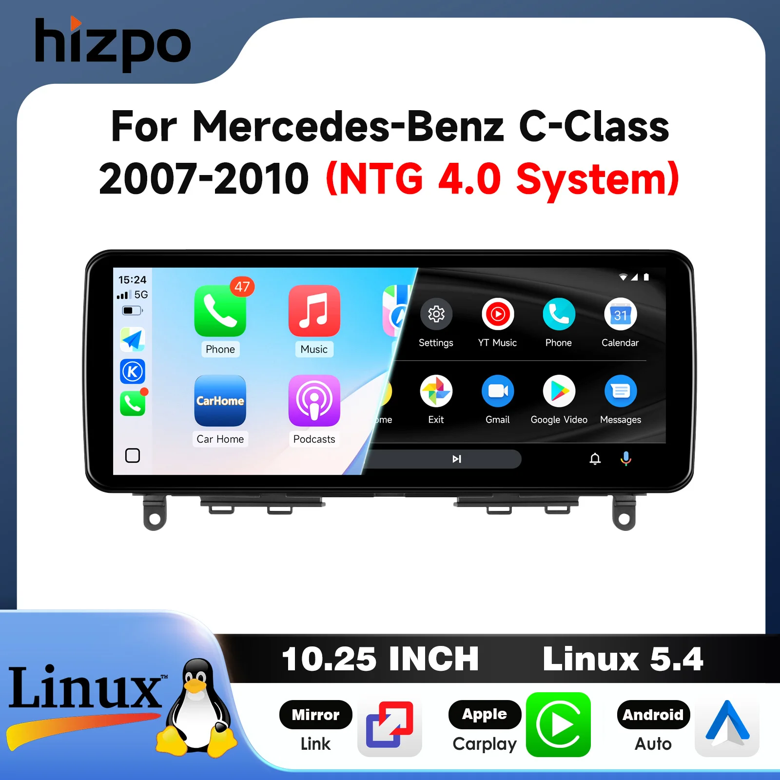 Hizpo 10,25 Zoll 12,3 Zoll Autoradio für Mercedes Benz C-Klasse 2007 - 2010 NTG 4.0 Infotainment-System Kabelloses CarPlay Android Auto Mirror Link Bluetooth Linux 5.4