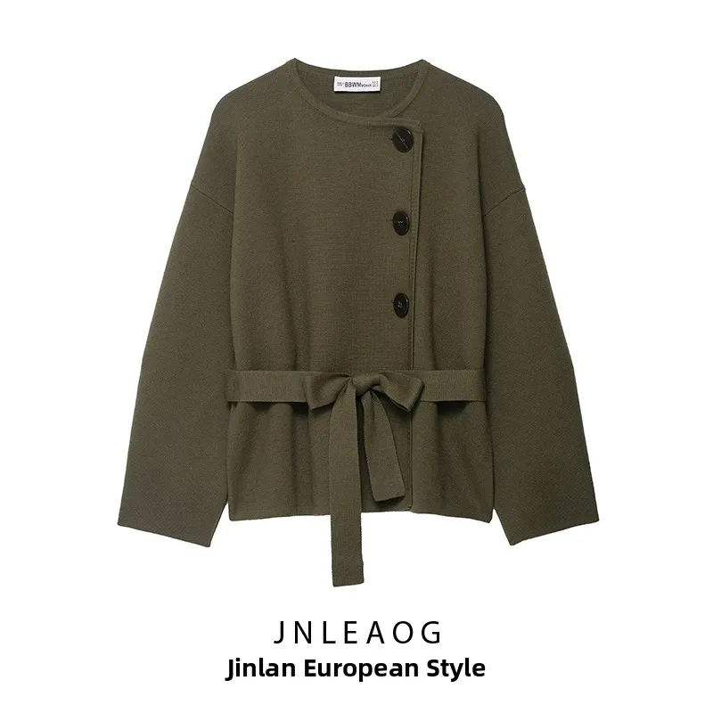 

Faionable вязаное пальто-фут с поясом для женщин, осеннее новое поступление, свободный крой из полиэфирного волокна, длинные пуговицы све...