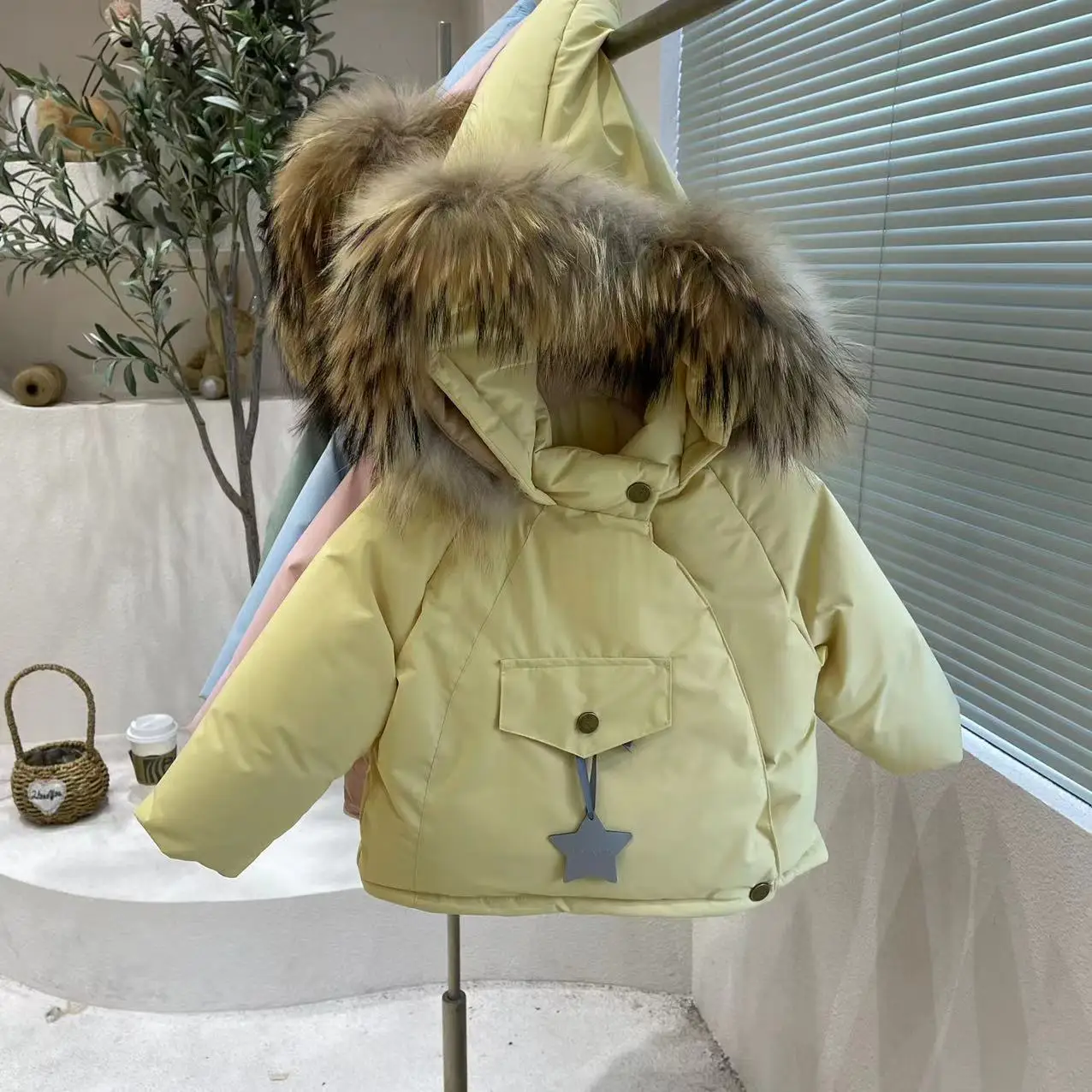 

Winter New Korean Children's Clothing Korean Edition Big Hairy Collar Cute Magic Pointed Hat Down Jacket Baby Coat Trendy Warmth