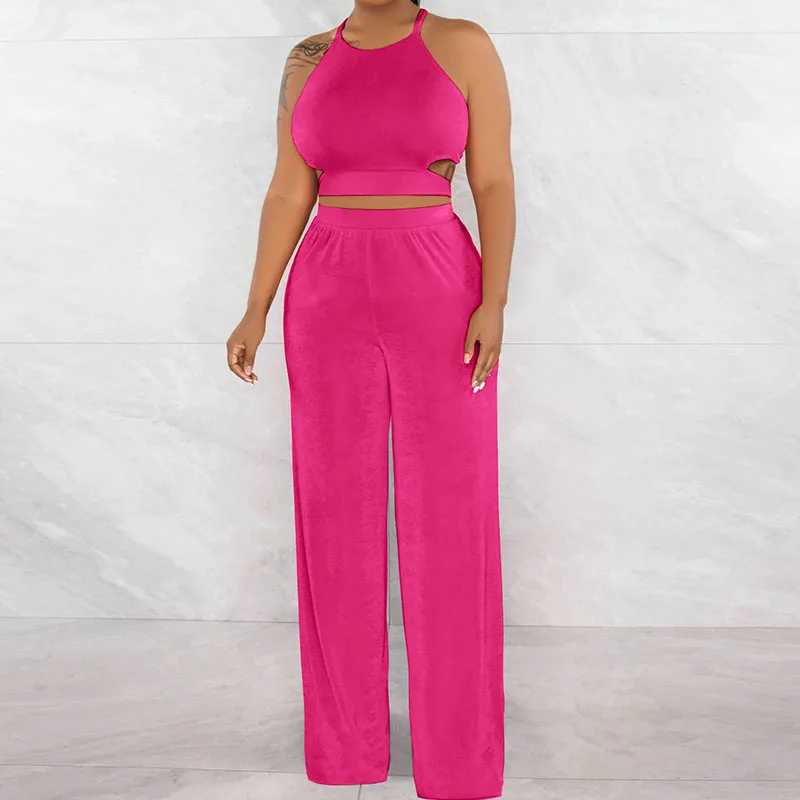 

Solid Elegant Fashion Two Piece Set for Women New In Matching Sets Summer Outfits Bandage Halter Crop Top and Wide Leg Pants