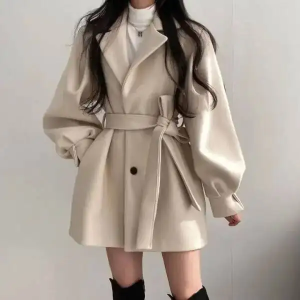 

Women's Hepburn Style Woolen Coat With Belt Medium Length Suit Collar Autumn Winter New Arrival Fashion Outerwear