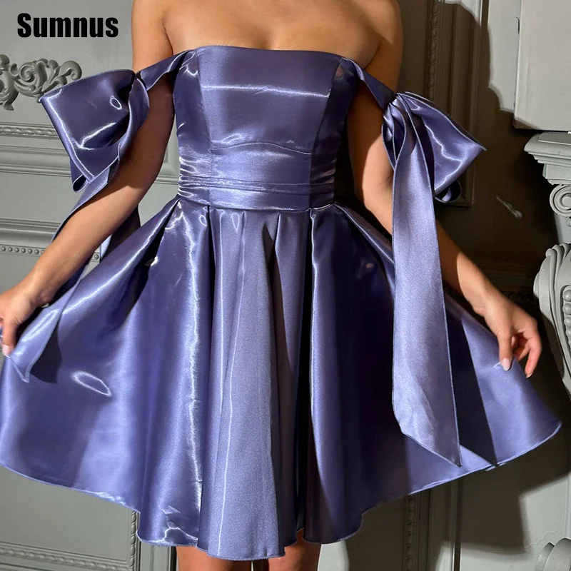Sumnus Cute A-Line Lavender Party Dresses Off Shoulder Strapless Bow Satin Mini Prom Dress Draped Cocktail Dress 2026 Customized