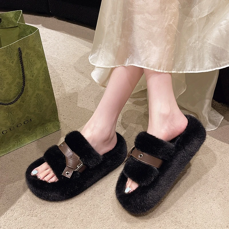 Schoenen Dames Damesslippers Luxe Slides Winterschoenen Bont Slippers Pantofle Zachte Designer Pluche 2024 Mode Vrouwelijke Schoen