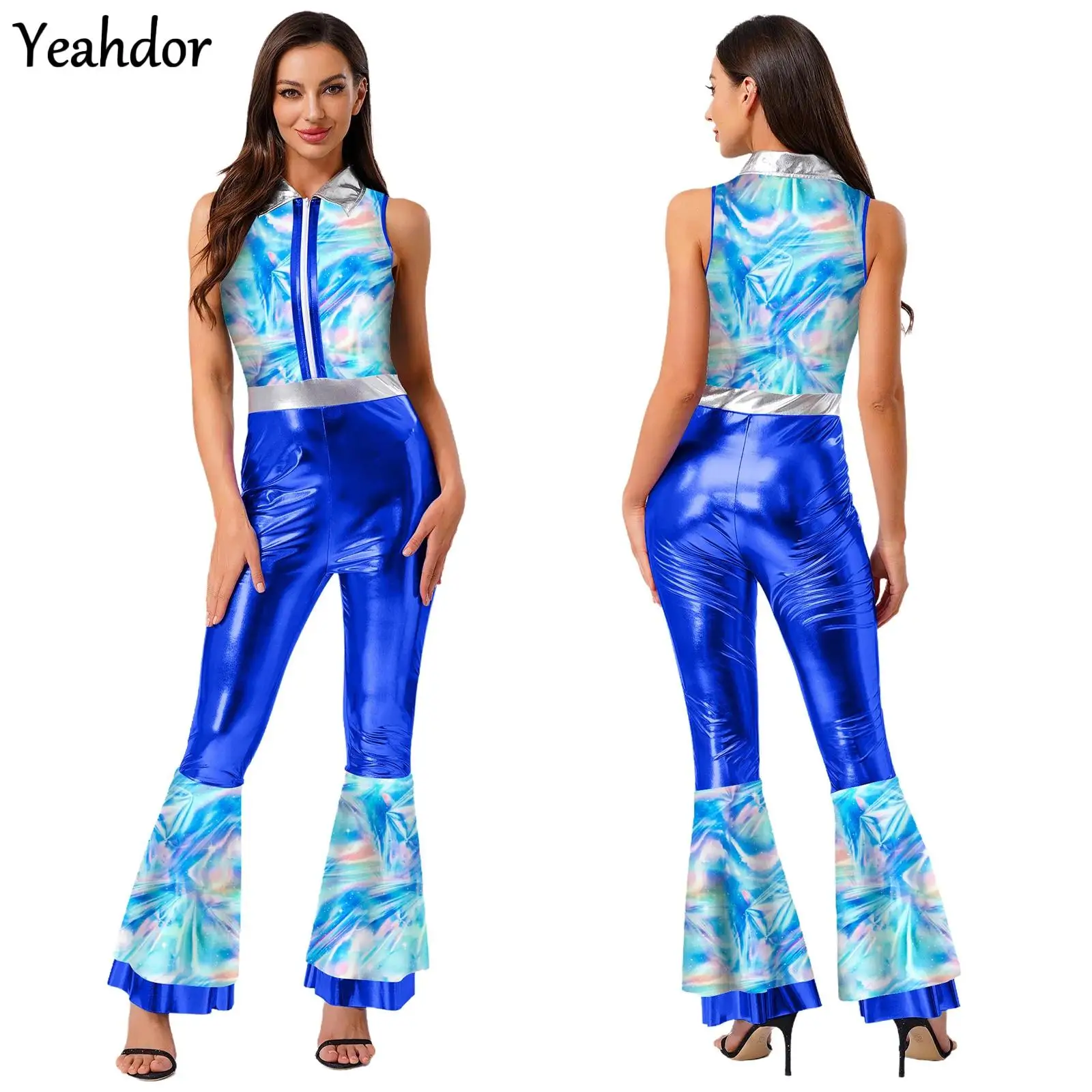 

Women Vintage 70s Disco Jumpsuit Chic Print Metallic Shiny Sleeveless Tiered Flared Bodysuit Hippie Jazz Dance Rompers Costumes
