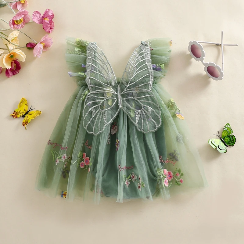 Baby Girl Halloween Costume Butterfly Wing Mesh Flower Sleeveless Tulle Fairy Romper Dress Birthday Tutu Dress