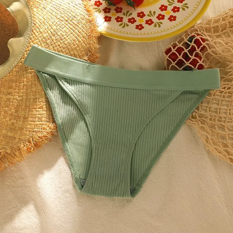 3PC Women Cotton Panties Solid Color Briefs Ladies Breathable Comfortable Striped Underwear