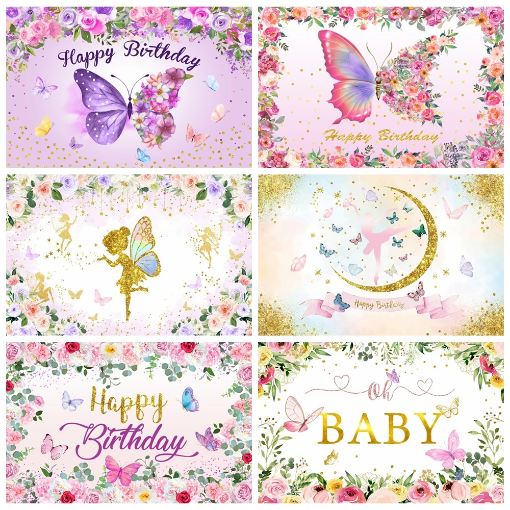 

Cartoon Butterfly Backdrop Girls 1st Birthday Party Gold Dots Pink Flower Baby Shower Photography Background Decor Photo Studio