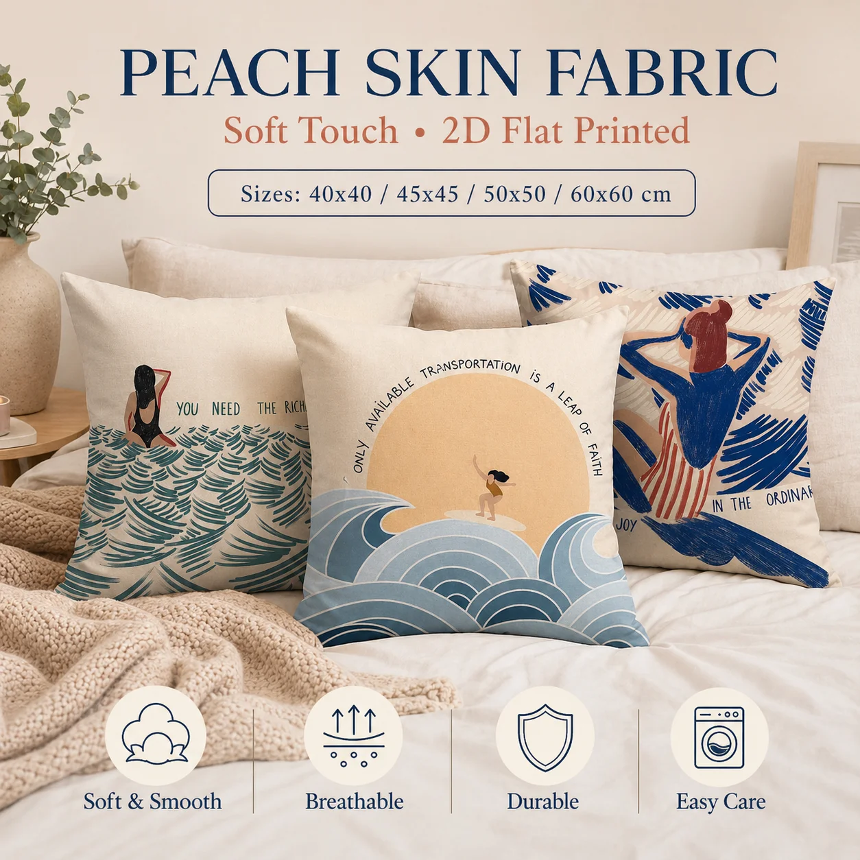 

Nordic Summer Woman Art Pillow Case 2D Flat Printed Peach Skin Cushion Cover Ocean Waves Decorative Throw Pillowcase for Sofa