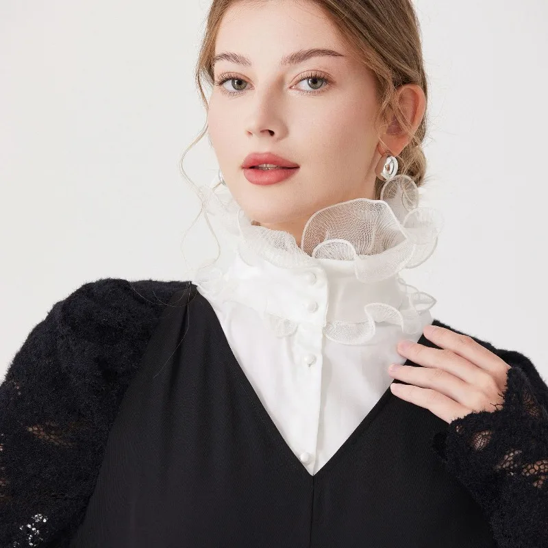 Vintage Ruffles Stand Shirt Detachable Collar for Womens Shoulder Removable Neck Fake Collar Shawl Wrap False Collar Accessory