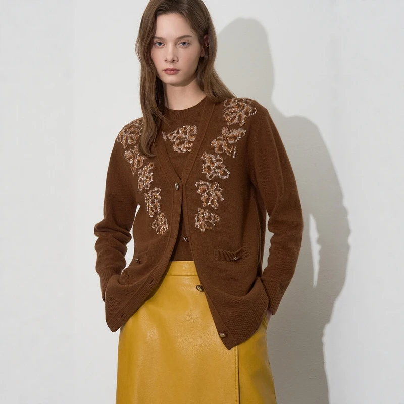 

Elegant Korean Style Floral Pattern Knitted Short Sleeve Open Cardigan Two-Piece Set Casual Autumn Winter Women's Sweater