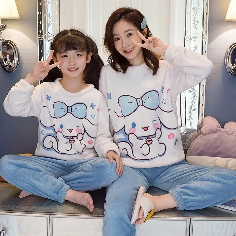 Autumn and winter Sanrio hello kitty Children sleepwear Flannel Long Sleeve Pajamas nightgown Pants Mother-Daughter Home Dress