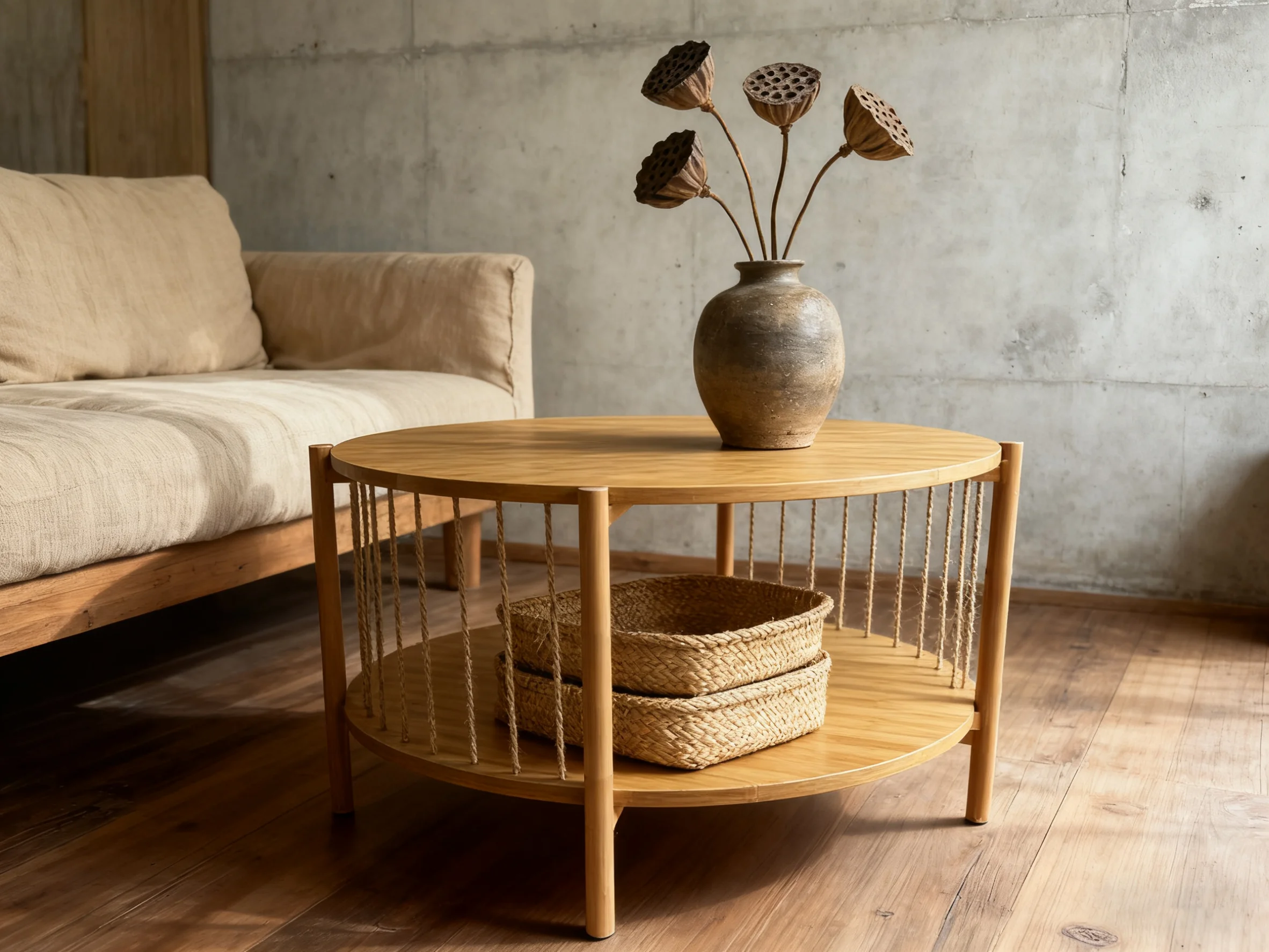 

！@Combohome Round Coffee Table for Living Room Natural Bamboo Tea Desk and Black Endside Table for Sofa by Solid Bamboo