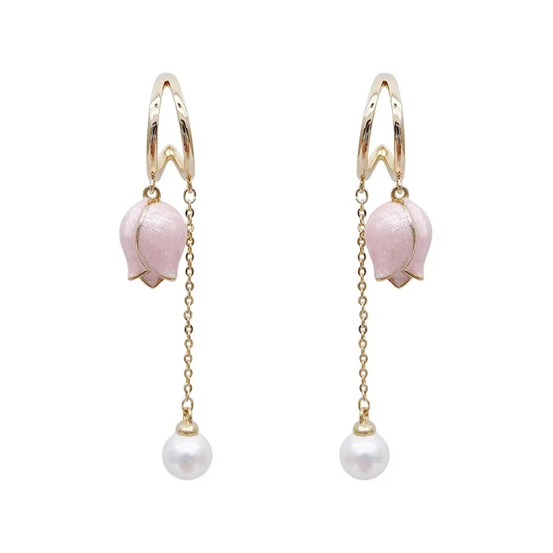 Imitation Pearl Pink Color Tulip Chain Tassel Long Drop Earring for Women Geometric Elegant Sweet Jewelry Girl Gift