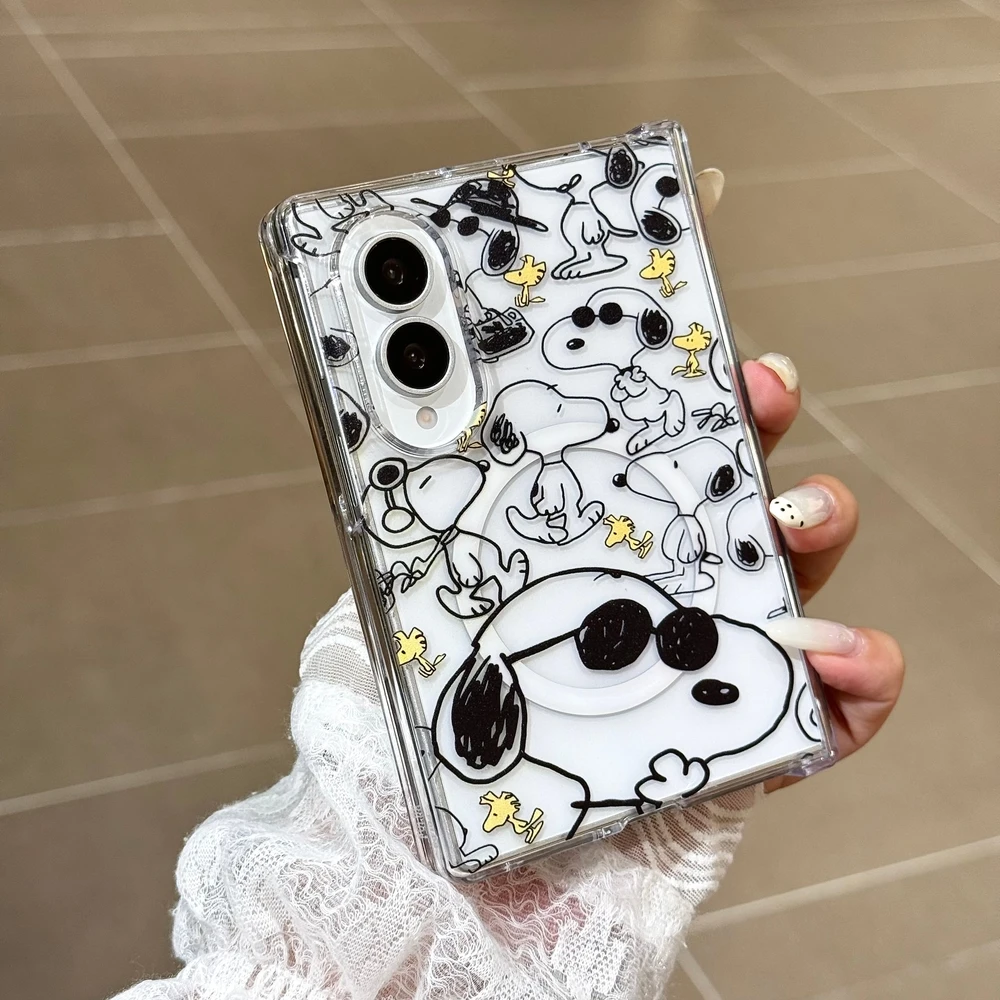Cute Cartoon Snoopy Charlie Brown Magnetic Holder Magsafe Wireless Charge Phone Case For Samsung Galaxy Z Fold 8 7 6 5 Cover