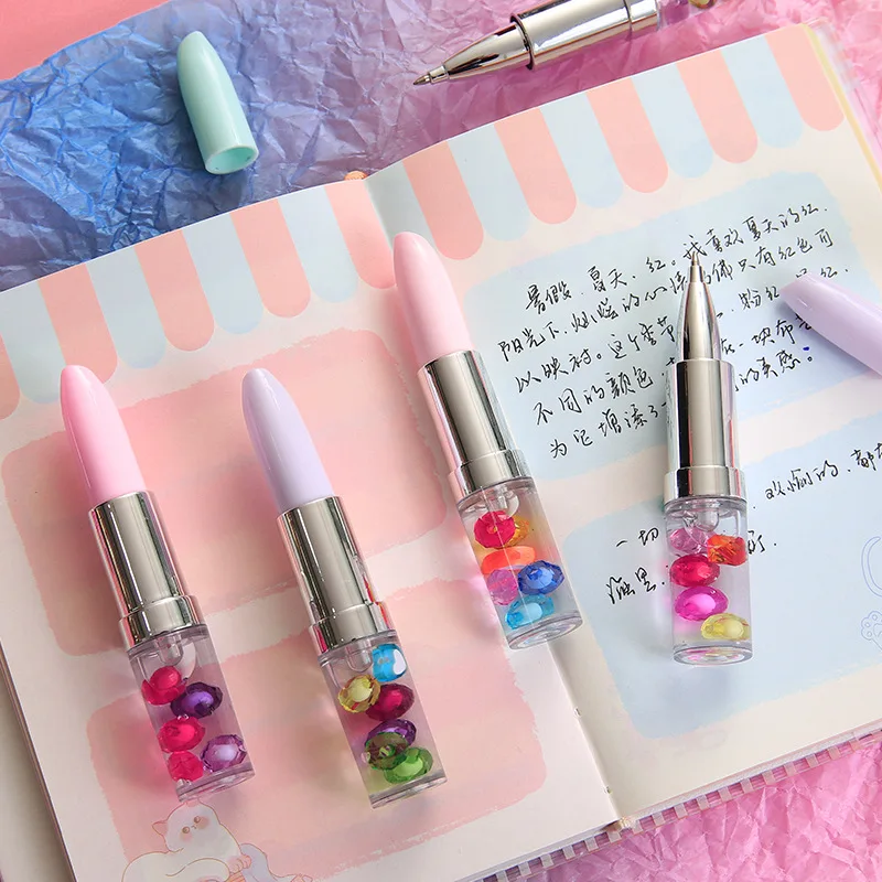 Kawaii Lipstick Gel Pen Creative Oil Quicksand Colorful Cute Stationary Signature Pens Black Ink Office School Supplies