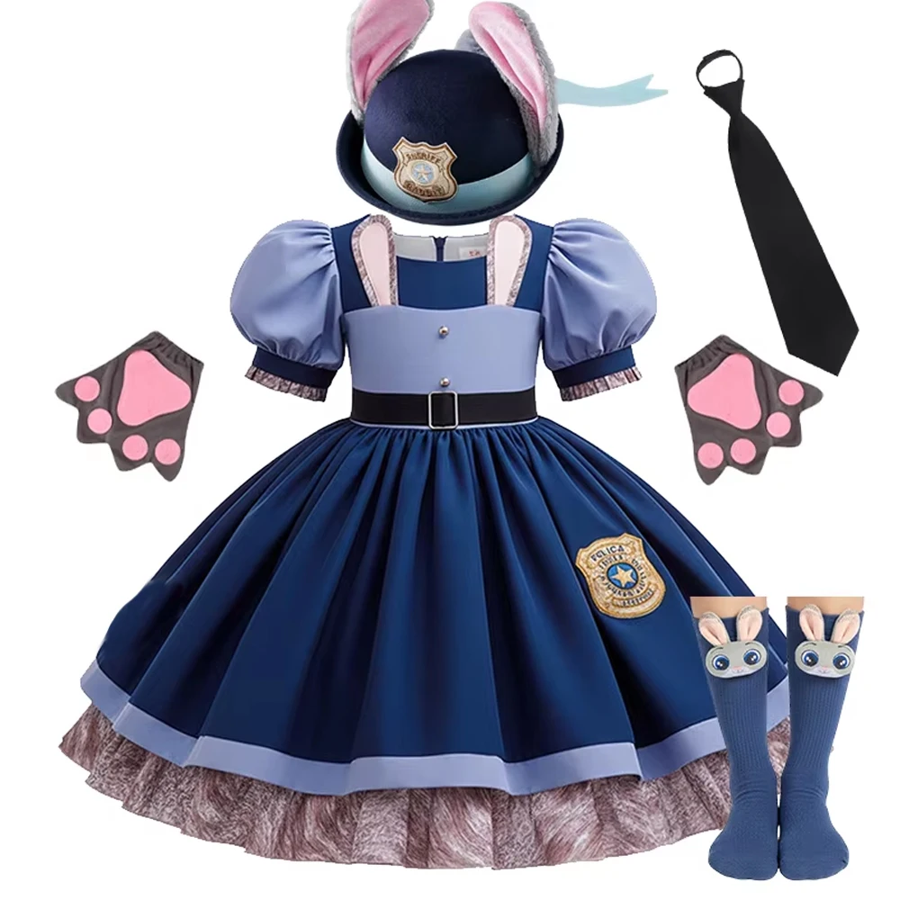 Kinder-Hasen-Offizierskostüm mit Puffärmeln, Blauem Tutu-Kleid und Komplettem Zubehör, Mädchen-Hasen-Halloween-Rollenspielkostüm