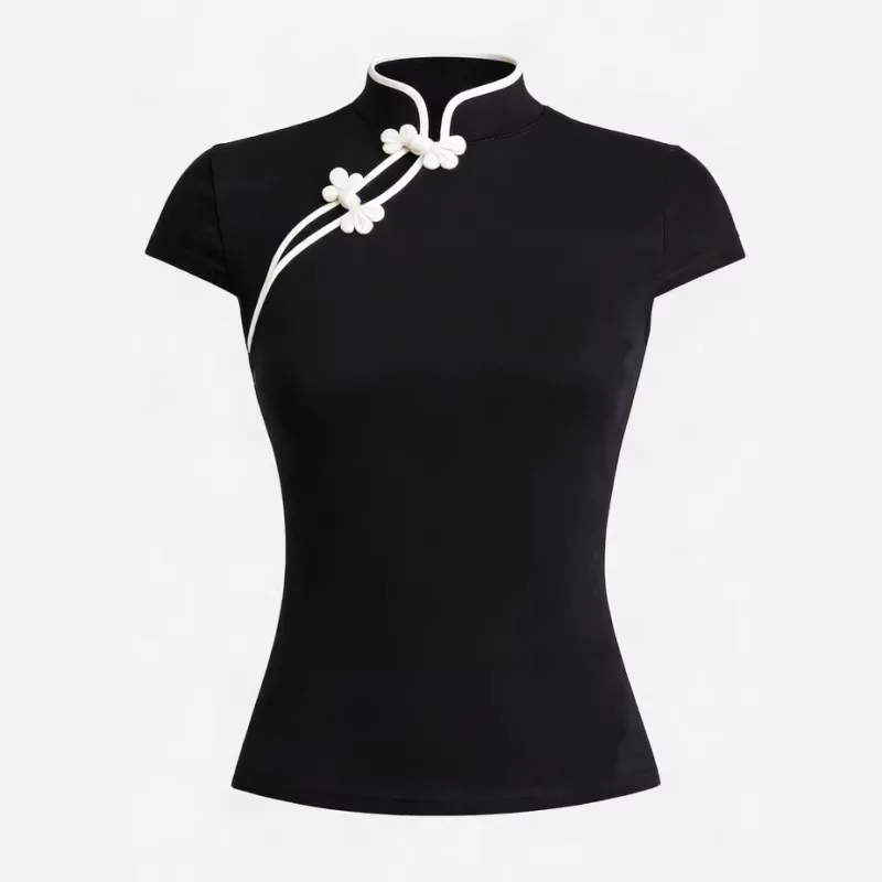Blusa de Verano 2026 Nueva Colección China de Manga Corta para Mujer con Cuello Cheongsam y Botones de Rana, Ajustada, Única, Dulce, Picante, Retro, Ropa Casual