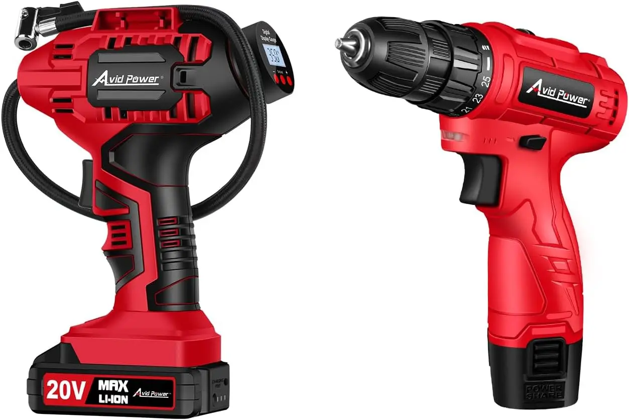 

20V Portable Tire Inflator with Rechargeable Battery & 12V DC Adapter, Includes 1400 RPM Cordless Drill