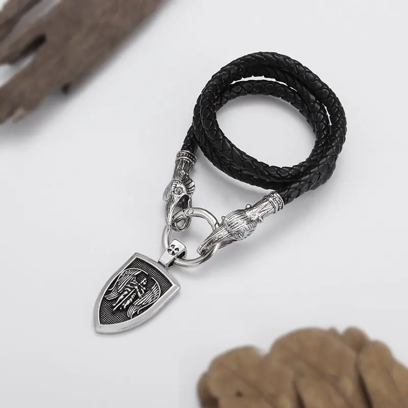 Classic Mythological Style Archangel Saint Michael Amulet Metal Saint Shield Pendant Necklace Men\'s Charm Leather Chain Jewelry