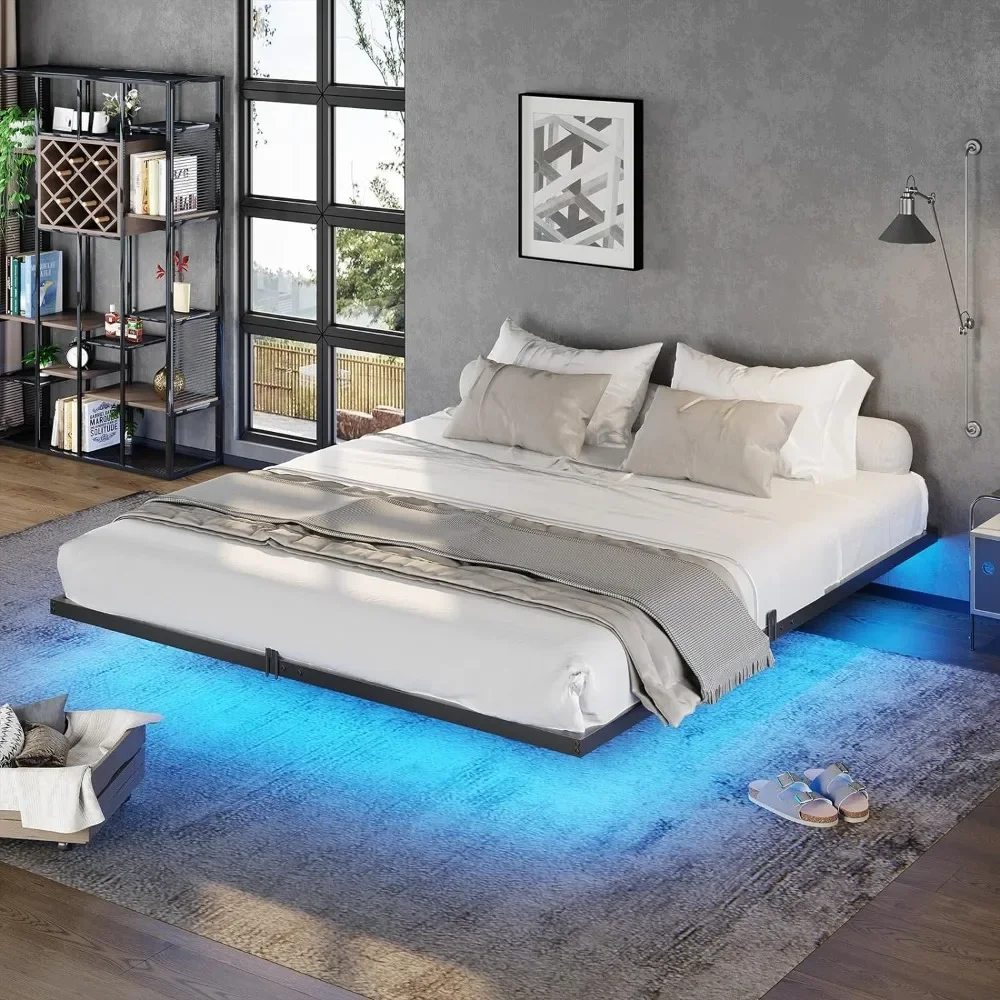 California Bed Frame with LED Lights, Floating Bed Cal Size, Metal Platform with Heavy Duty Steel Slats and 4 Mattress Stopper